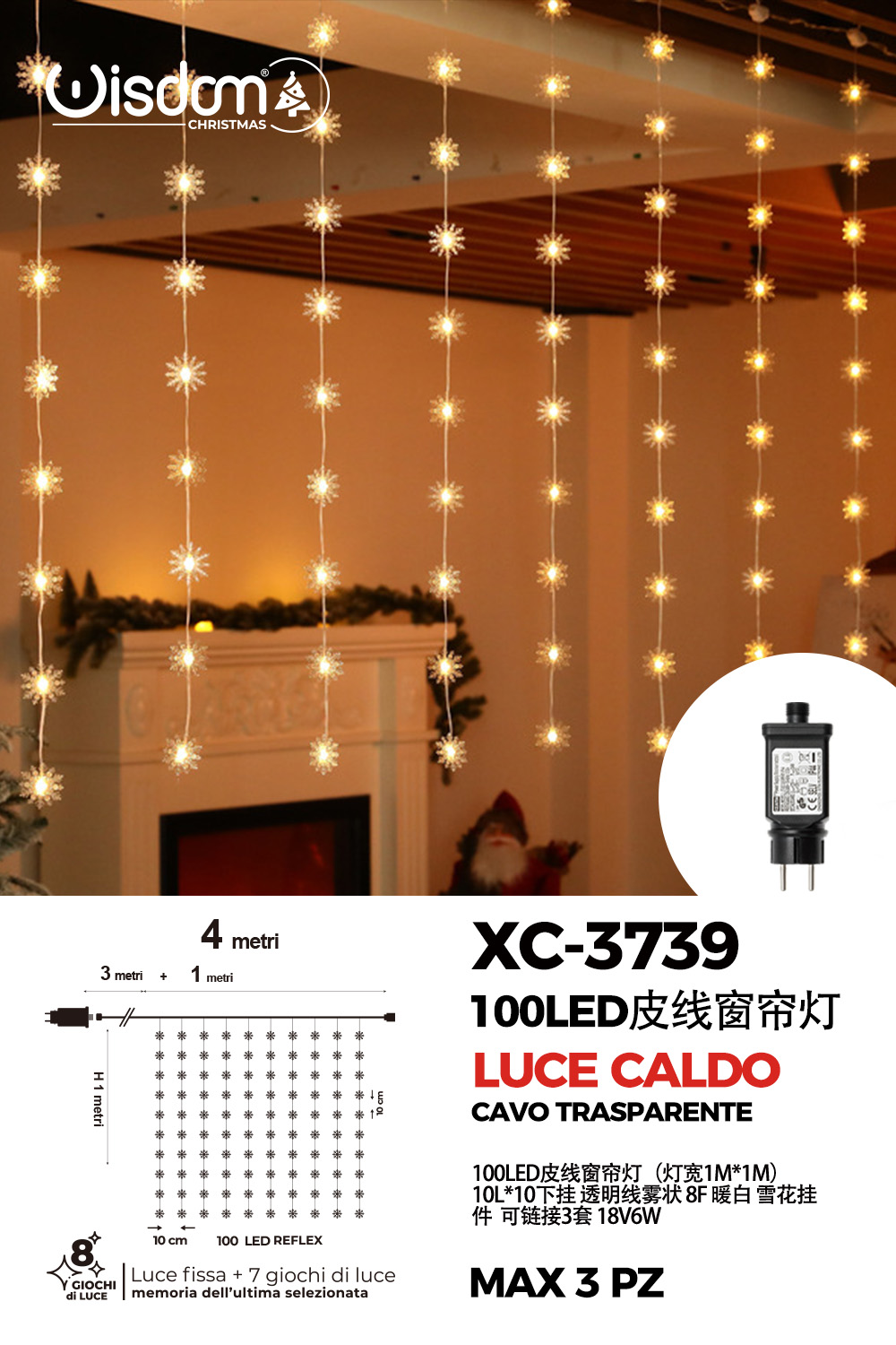 XC-3739 Tenda luminosa natalizia da 4 metri 100 LED luce calda alimentazione a corrente con 8 giochi luce indicato per uso interno - immagine 1