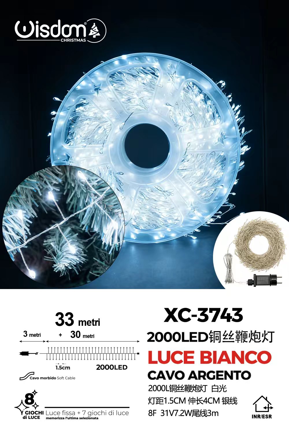 XC-3743 Catena luminosa 2000 micro LED luce fredda da 33 metri con 8 giochi luce per uso interno/esterno - immagine 1