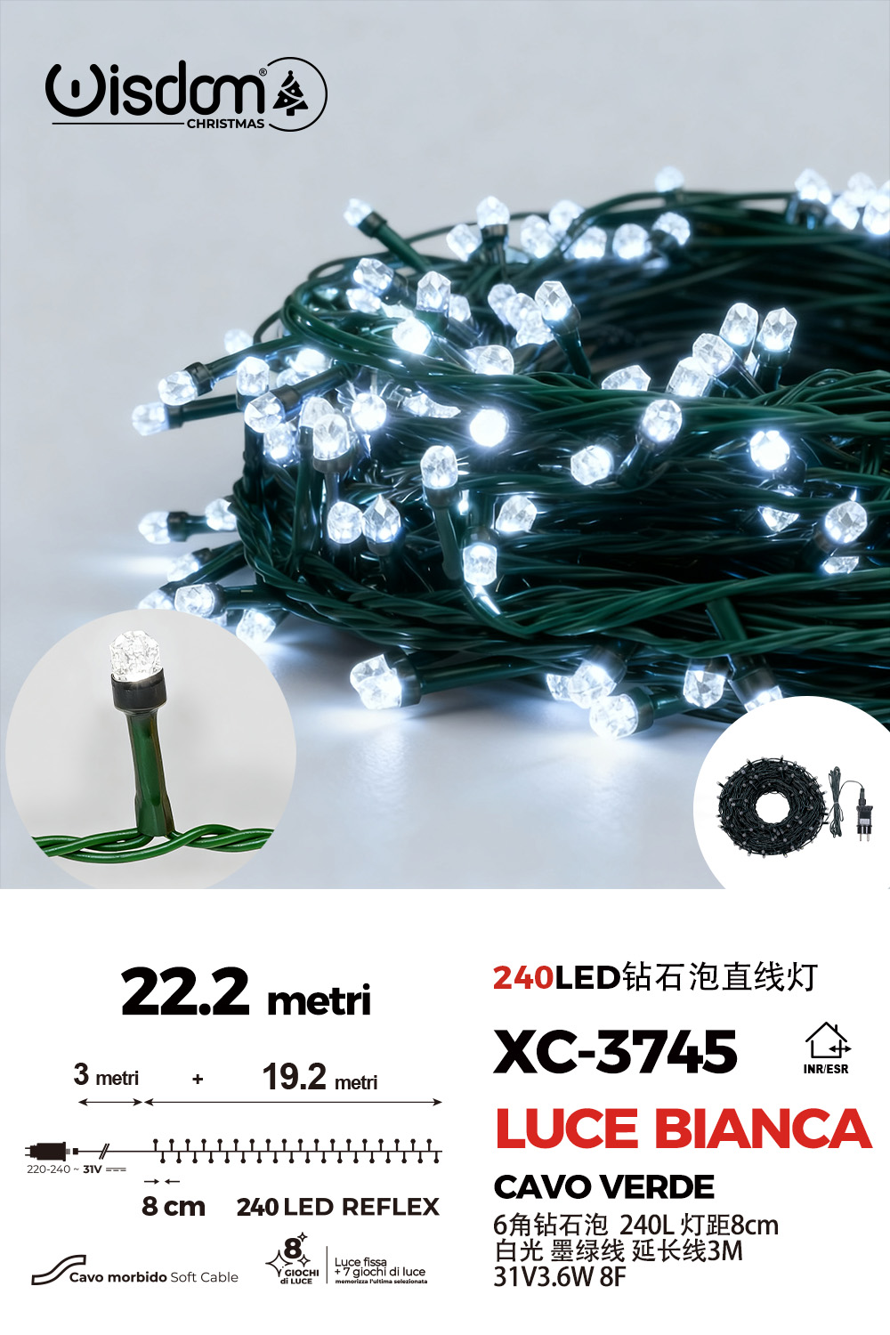 XC-3745 Catena luminosa da 22,2 metri con 240LED luce fredda per uso interno/esterno 8 giochi luce - immagine 1