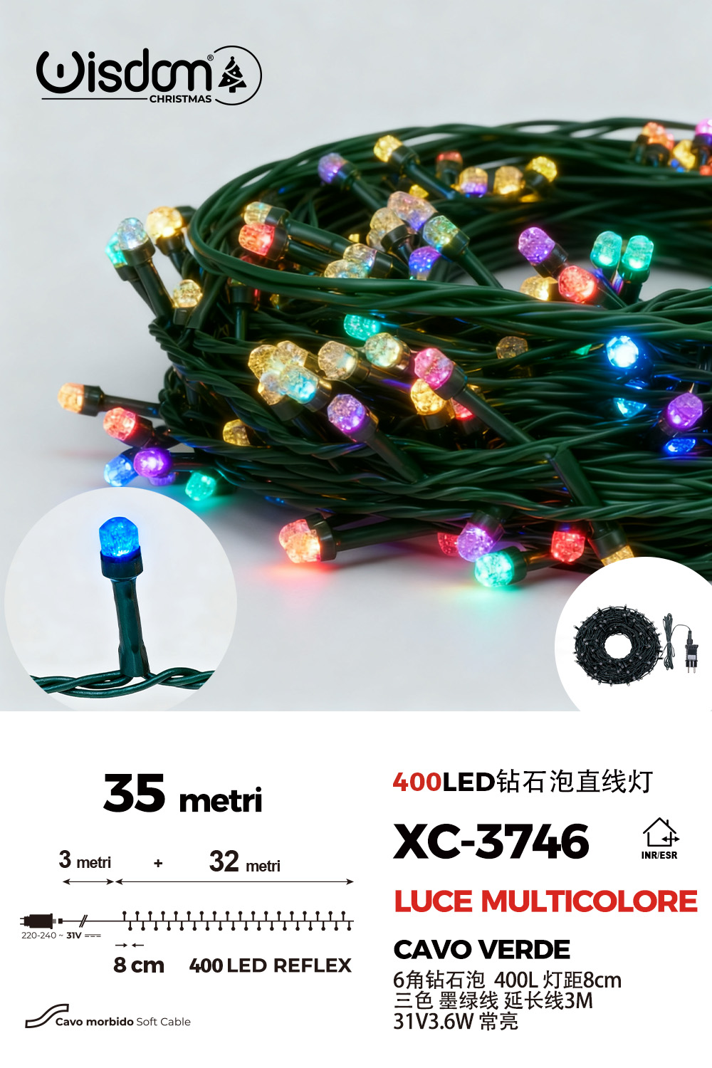 XC-3746 Catena luminosa da 35metri con 400LED luce multicolor per uso interno/esterno 8 giochi luce - immagine 1