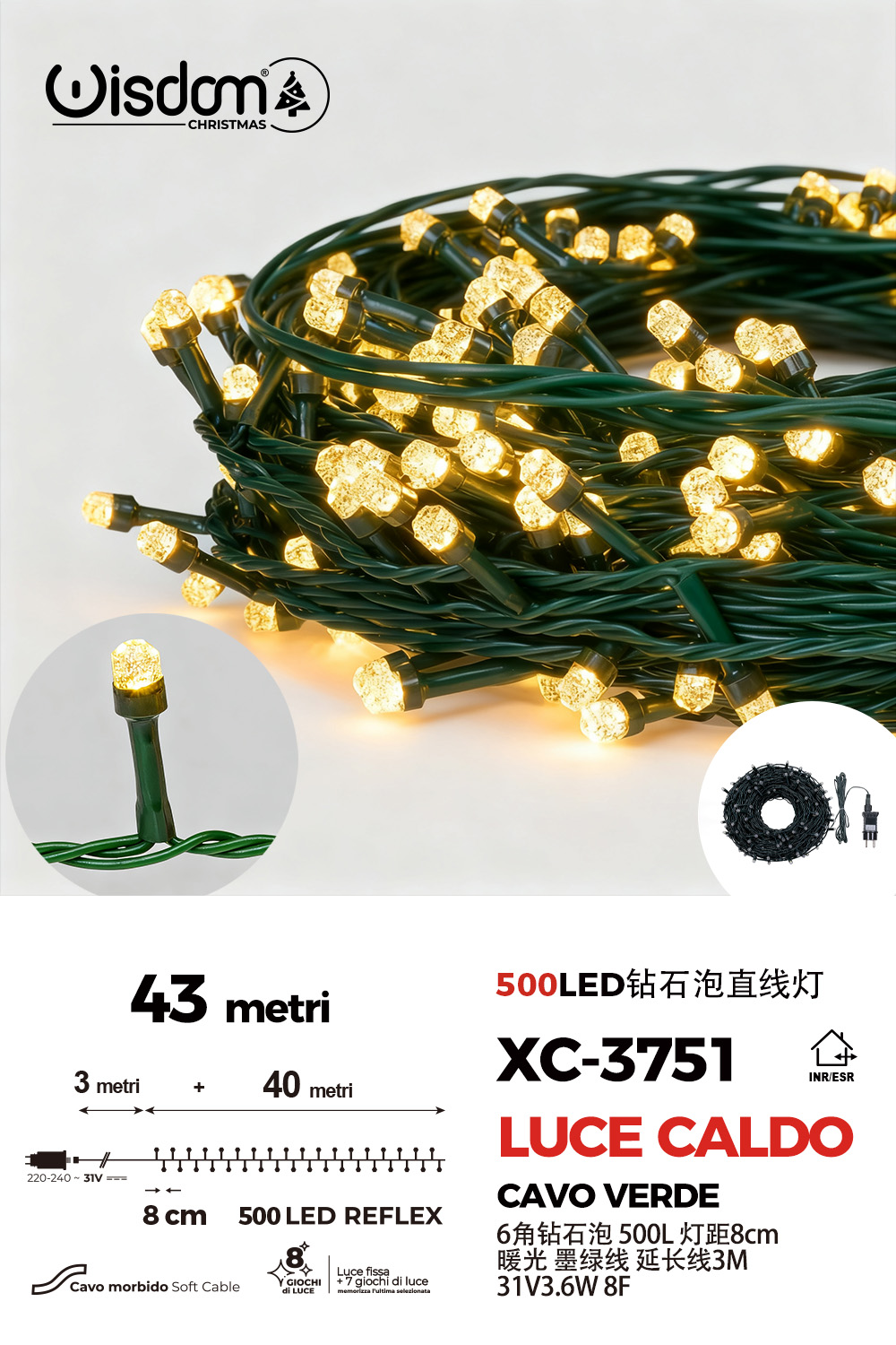 XC-3751 Catena luminosa da 43metri con 500LED luce calda per uso interno/esterno 8 giochi luce - immagine 1