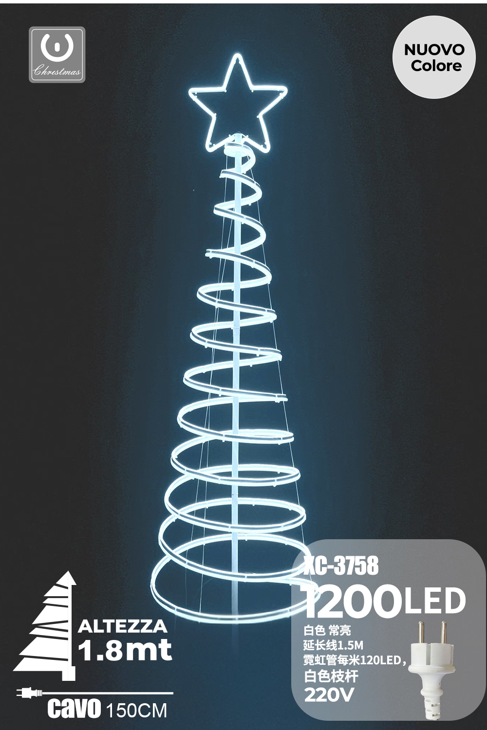 XC-3758 Albero luminoso di natale a spirale da 1200 LED luce fredda altezza 1,80 metri indicato per uso interno/esterno - immagine 1