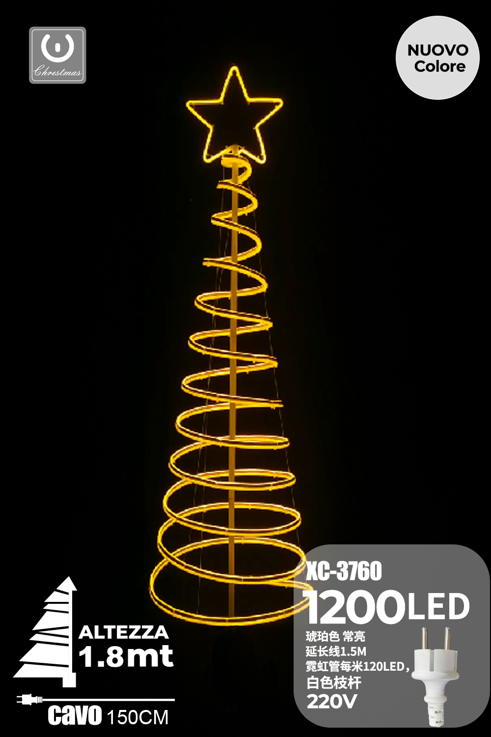 XC-3760 Albero luminoso di natale a spirale da 1200 LED luce calda altezza 1,80 metri indicato per uso interno/esterno - immagine 1