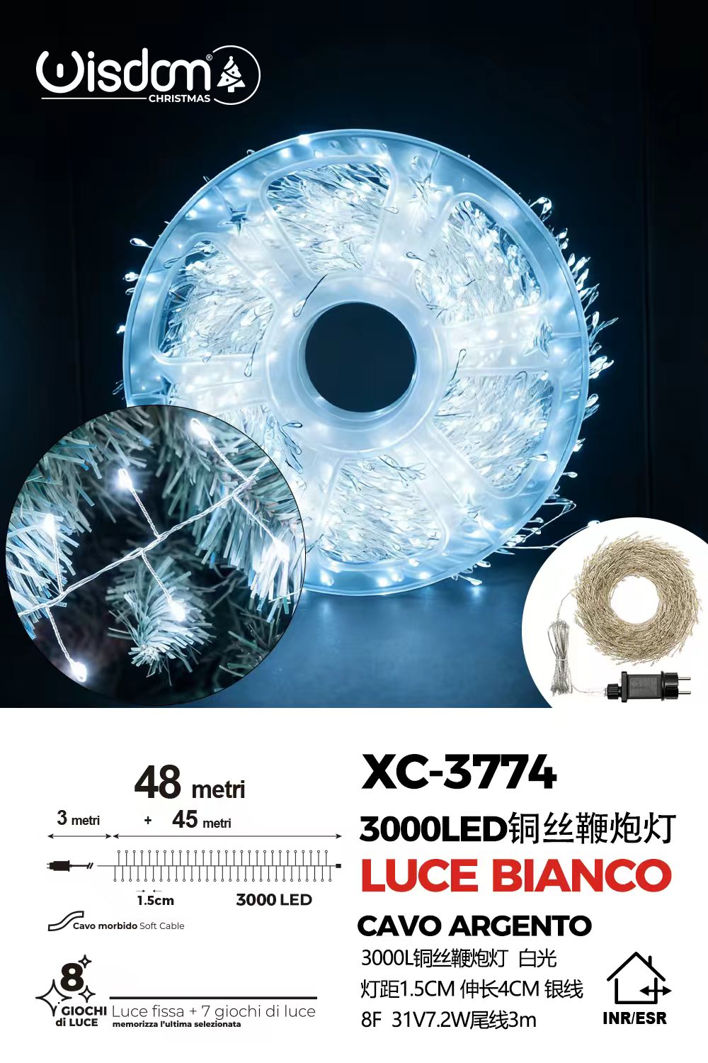 XC-3774 Catena luminosa 3000 micro LED luce fredda da 48 metri con 8 giochi luce per uso interno/esterno - immagine 1