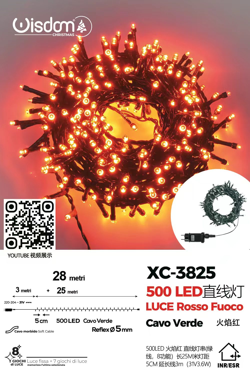 XC-3825 Catena luminosa da 28 metri con 500 LED luce rossa per uso interno/esterno con 8 giochi luce - immagine 1