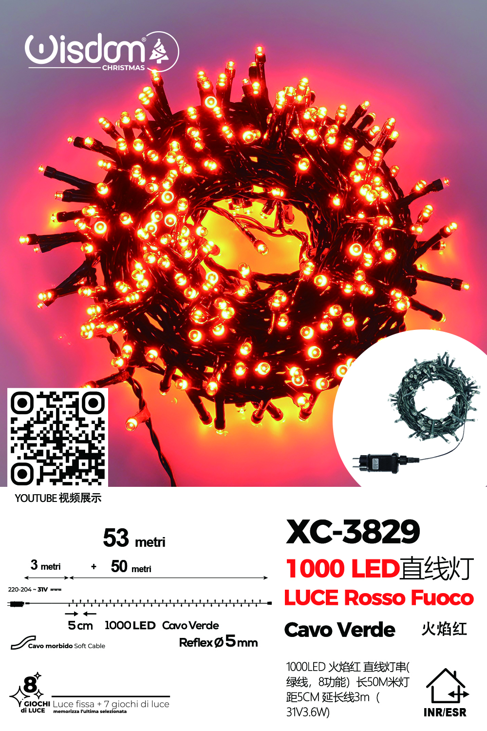 XC-3829 Catena luminosa da 53 metri con 1000 LED luce rossa per uso interno/esterno 8 giochi luce - immagine 1