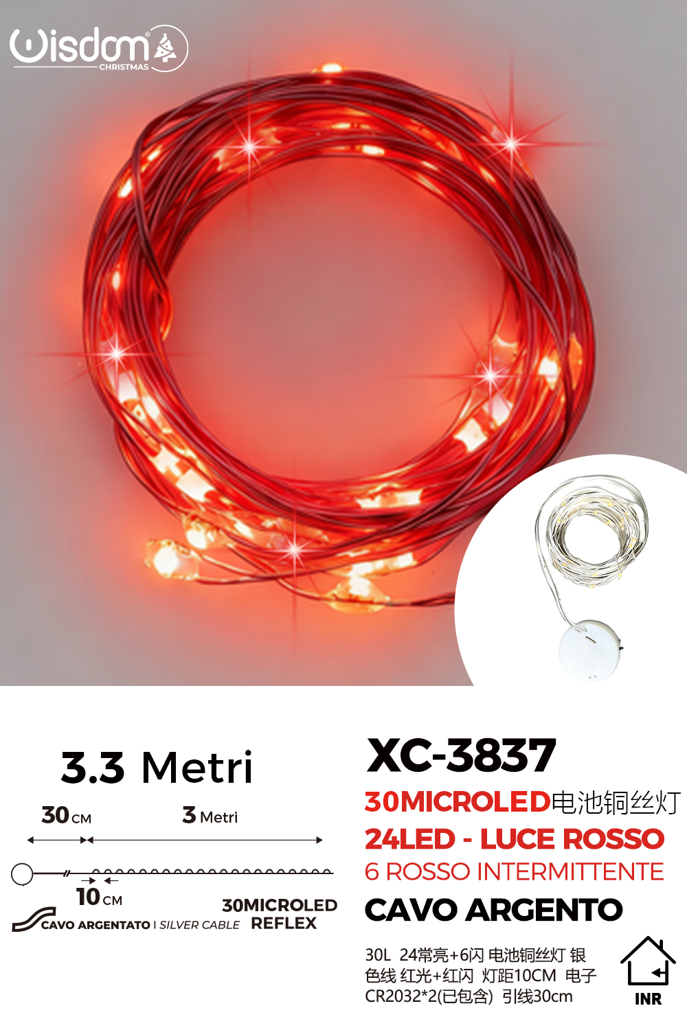 XC-3837 Catena luminosa 30 microLED REFLEX da 3,3 metri (24LED luce rossa + 6luce rossa intermittente alimentazione a pile per uso interno - immagine 1