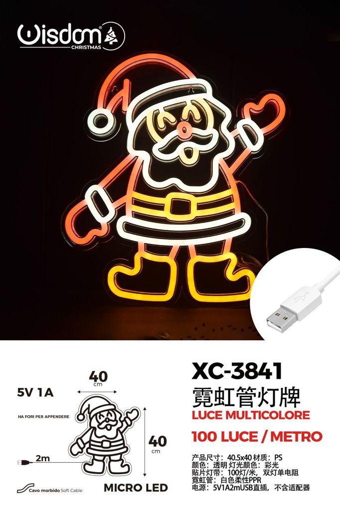 XC-3841 Figura luminosa Babbo Natale , 100 LED , multicolore, 40x40 cm, attacco USB - immagine 1