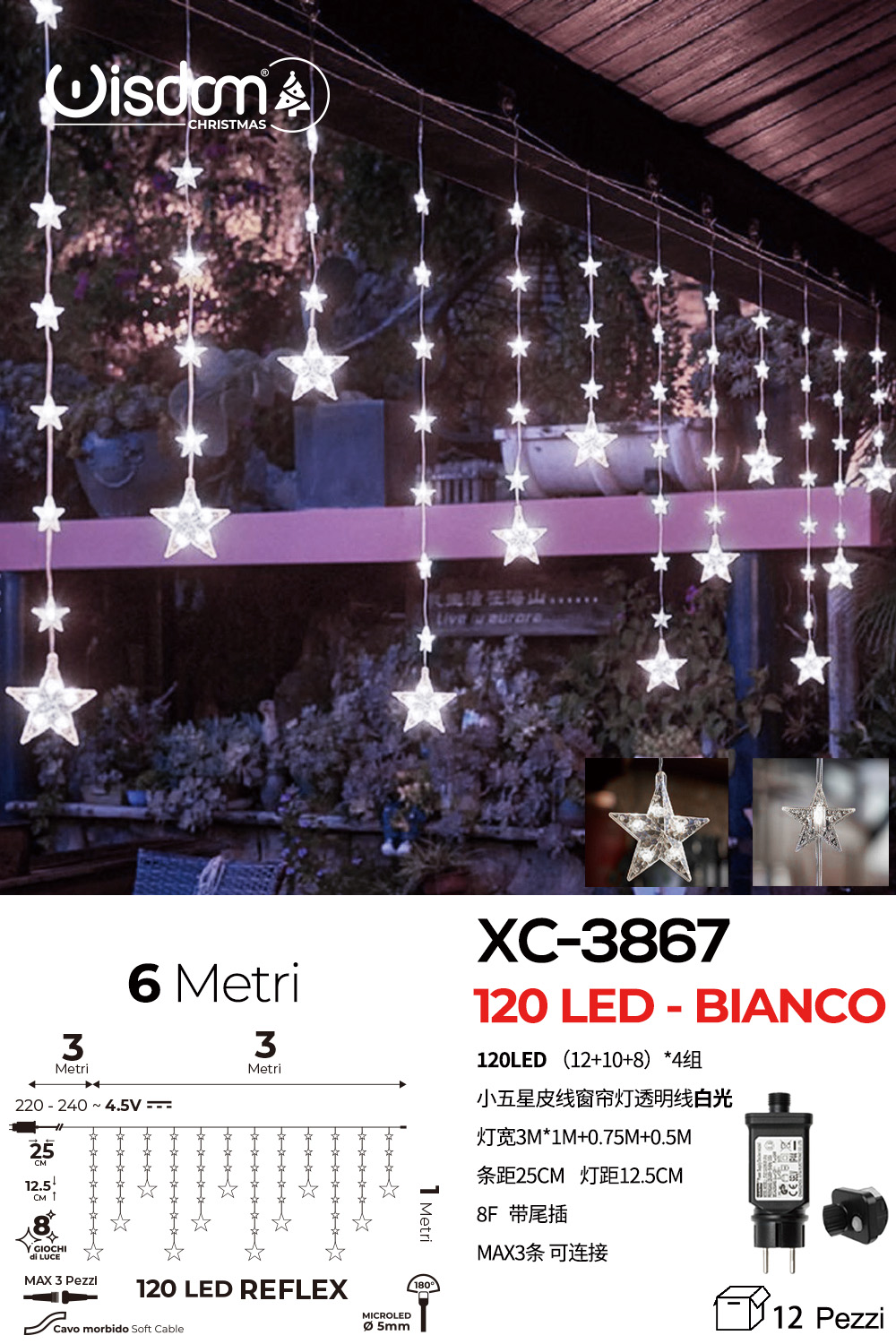 XC-3867 Tenda luminosa 6 metri a forma di stelle natalizie con 120 LED REFLEX luce fredda alimentazione a corrente per uso interno/esterno 8 giochi luce - immagine 1