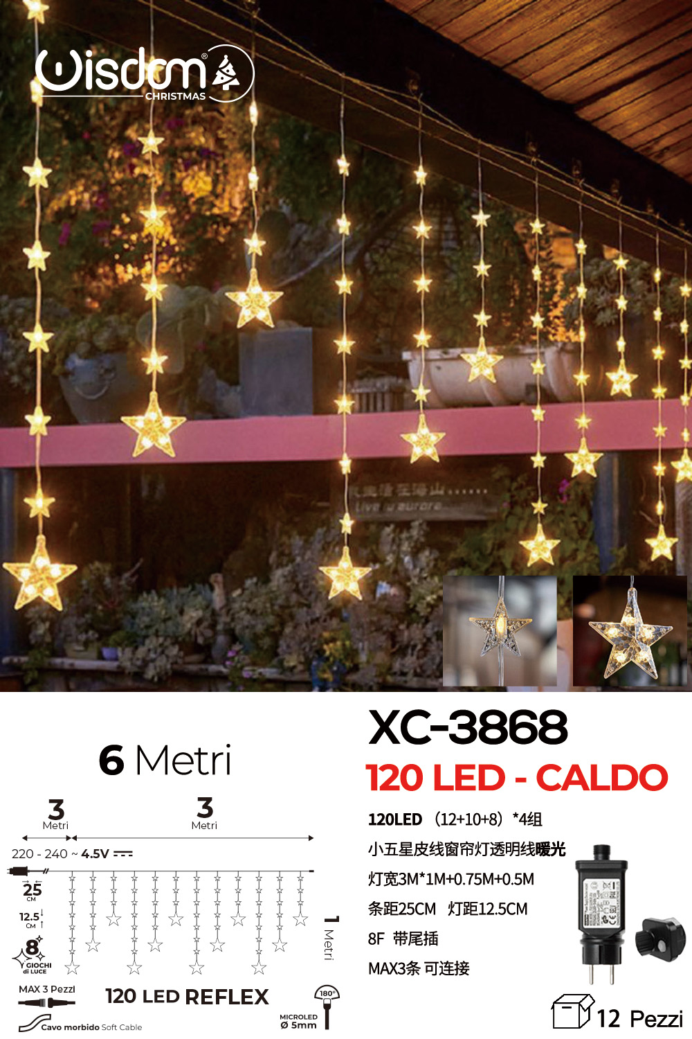 XC-3868 Tenda luminosa 6 metri a forma di stelle natalizie con 120 LED REFLEX luce calda alimentazione a corrente per uso interno/esterno 8 giochi luce - immagine 1