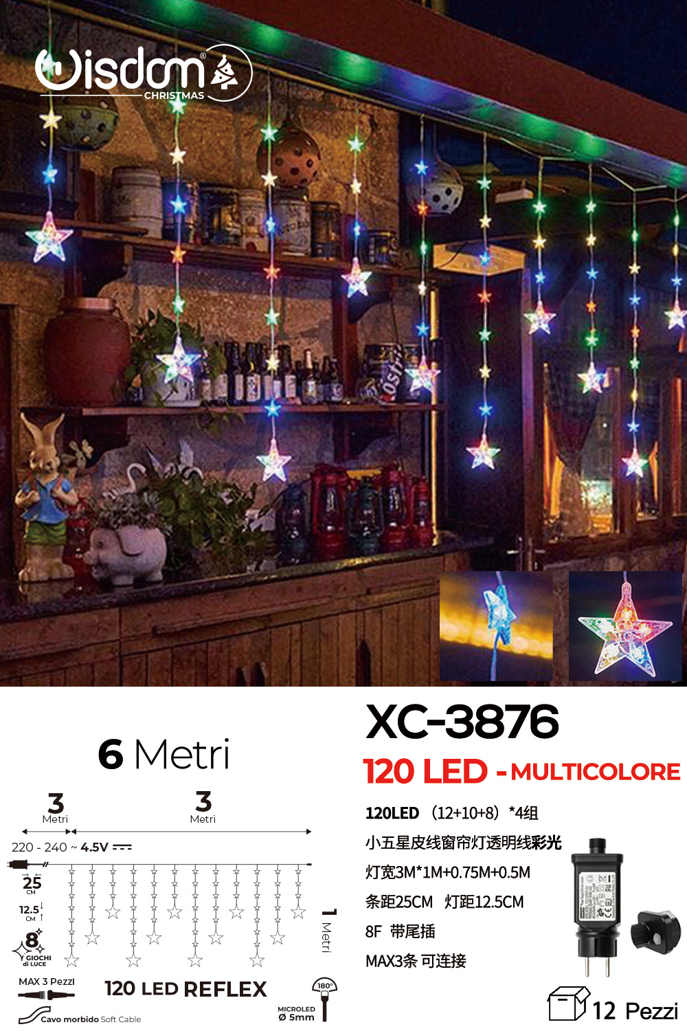 XC-3876 Tenda luminosa 6 metri a forma di stelle natalizie con 120 LED REFLEX luce multicolor alimentazione a corrente per uso interno/esterno 8 giochi luce - immagine 1