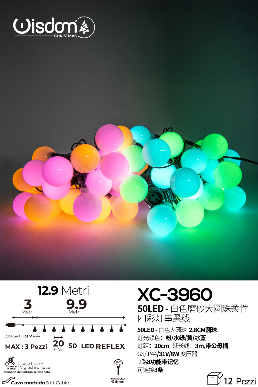XC-3960 Catena luminosa da 13 metri a forma di perline con 50LED REFLEX luce multicolor per uso interno/esterno 8 giochi luce - immagine 1