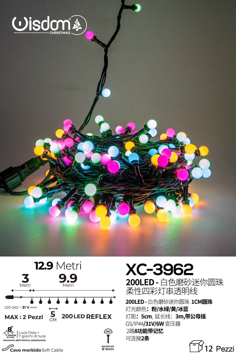 XC-3962 Catena luminosa da 13 metri a forma di perline con 200LED REFLEX luce multicolor per uso interno/esterno 8 giochi luce - immagine 1