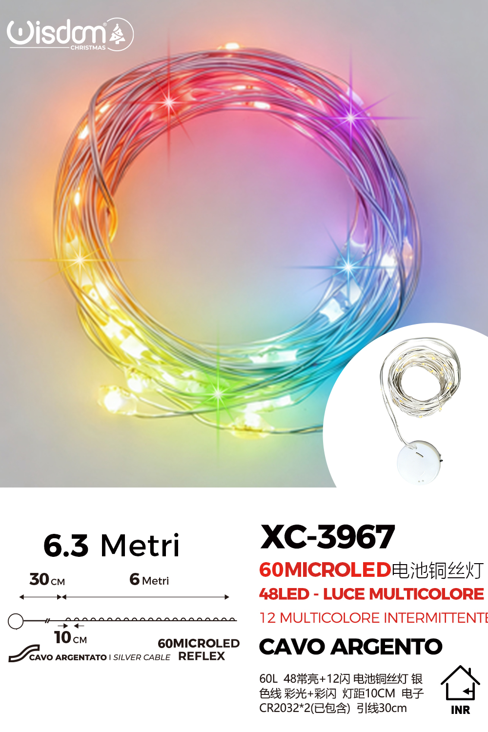 XC-3967 Catena luminosa 60 microLED REFLEX da 6,3 metri (48LED luce multicolor+ 12luce multicolor intermittente alimentazione a pile per uso interno - immagine 1