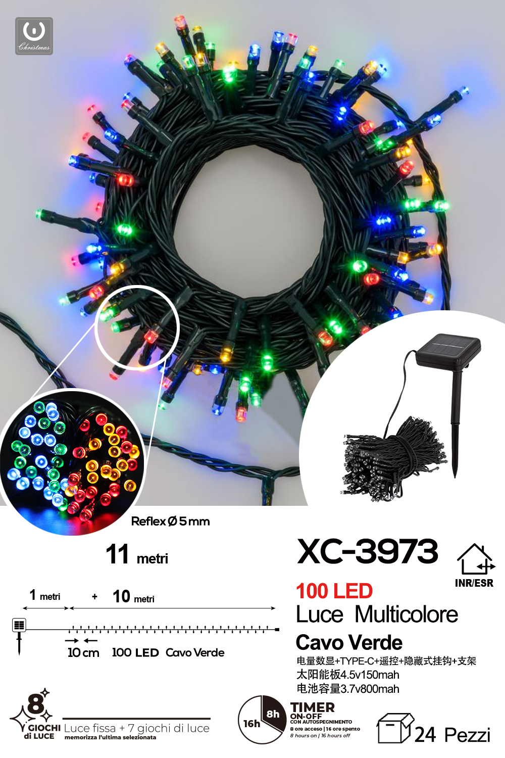 XC-3973 Catena luminosa pannello solare 100LED LUCE MULTICOLOR con 8 giochi luce - immagine 1