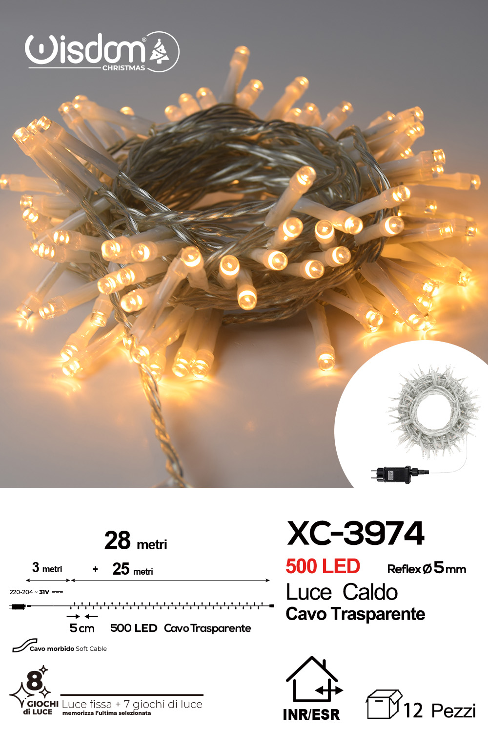 XC-3974 Catena luminosa professionale 500 LED luce calda da 28 metri ip44 per uso interno esterno con 8 giochi luce - immagine 1