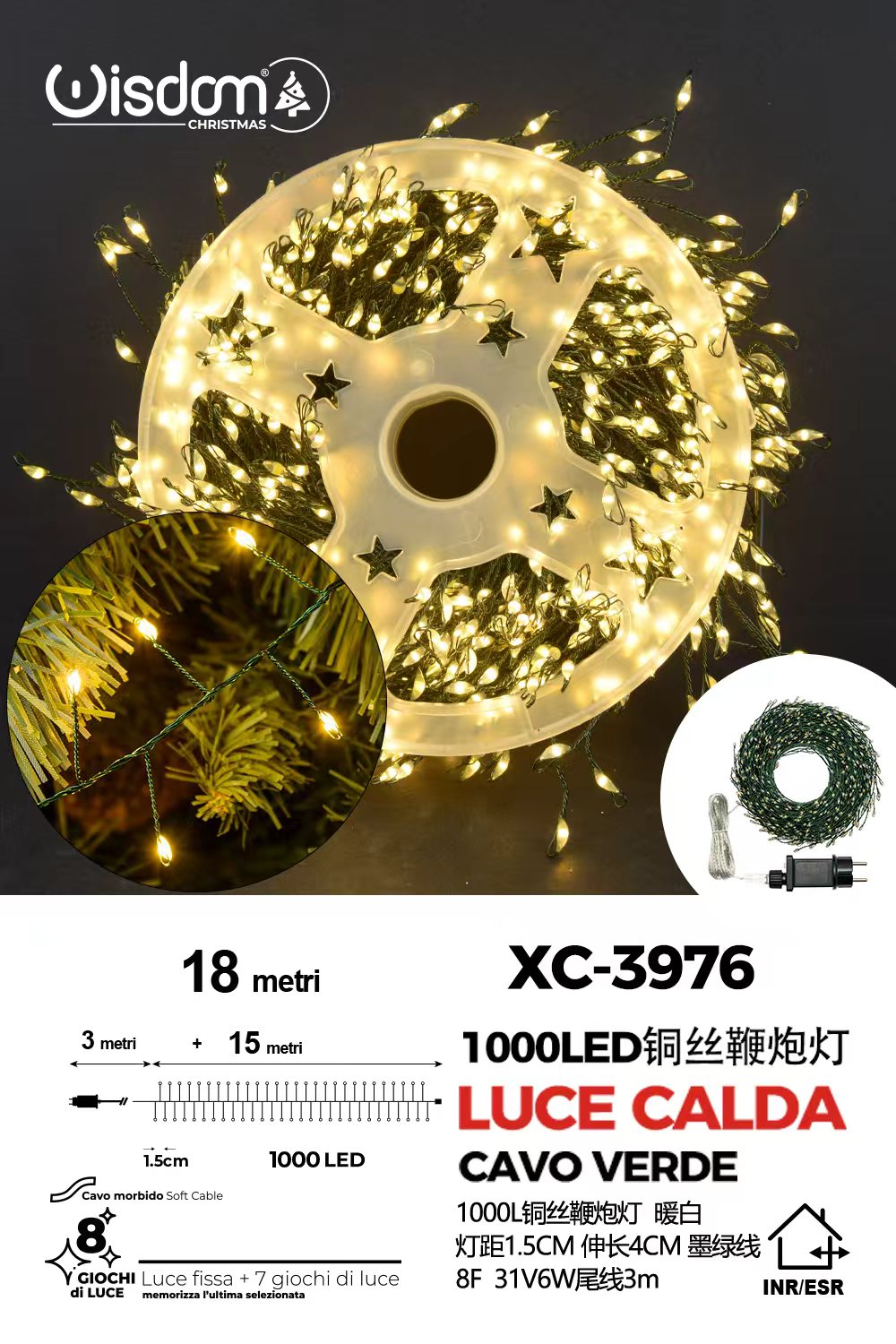 XC-3976 Catena luminosa 1000 micro LED luce calda da 18 metri con 8 giochi luce per uso interno/esterno - immagine 1