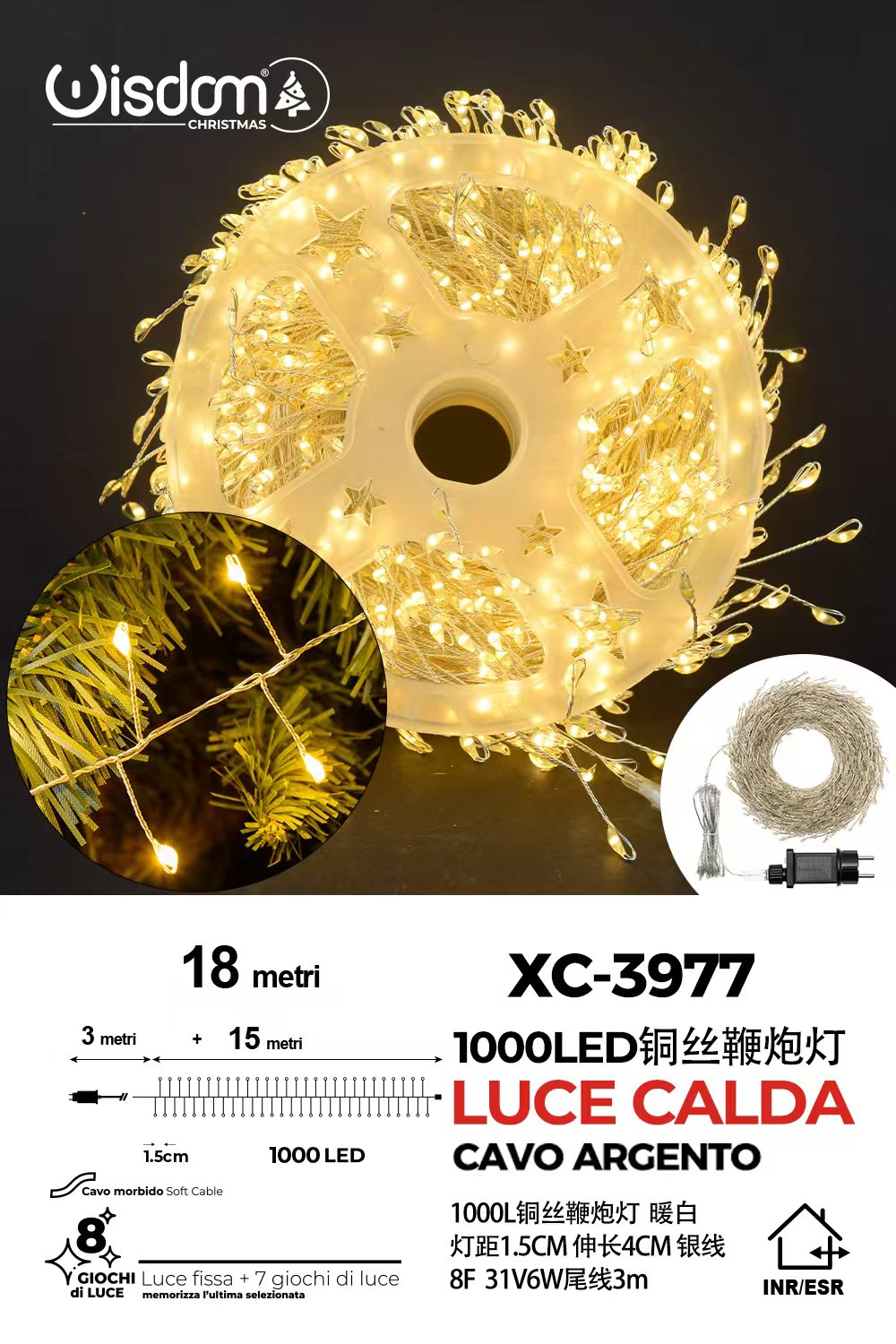XC-3977 Catena micro LED luminosa natalizia da 18 metri luce calda cavo con 8 giochi luce per uso interno/esterno - immagine 1