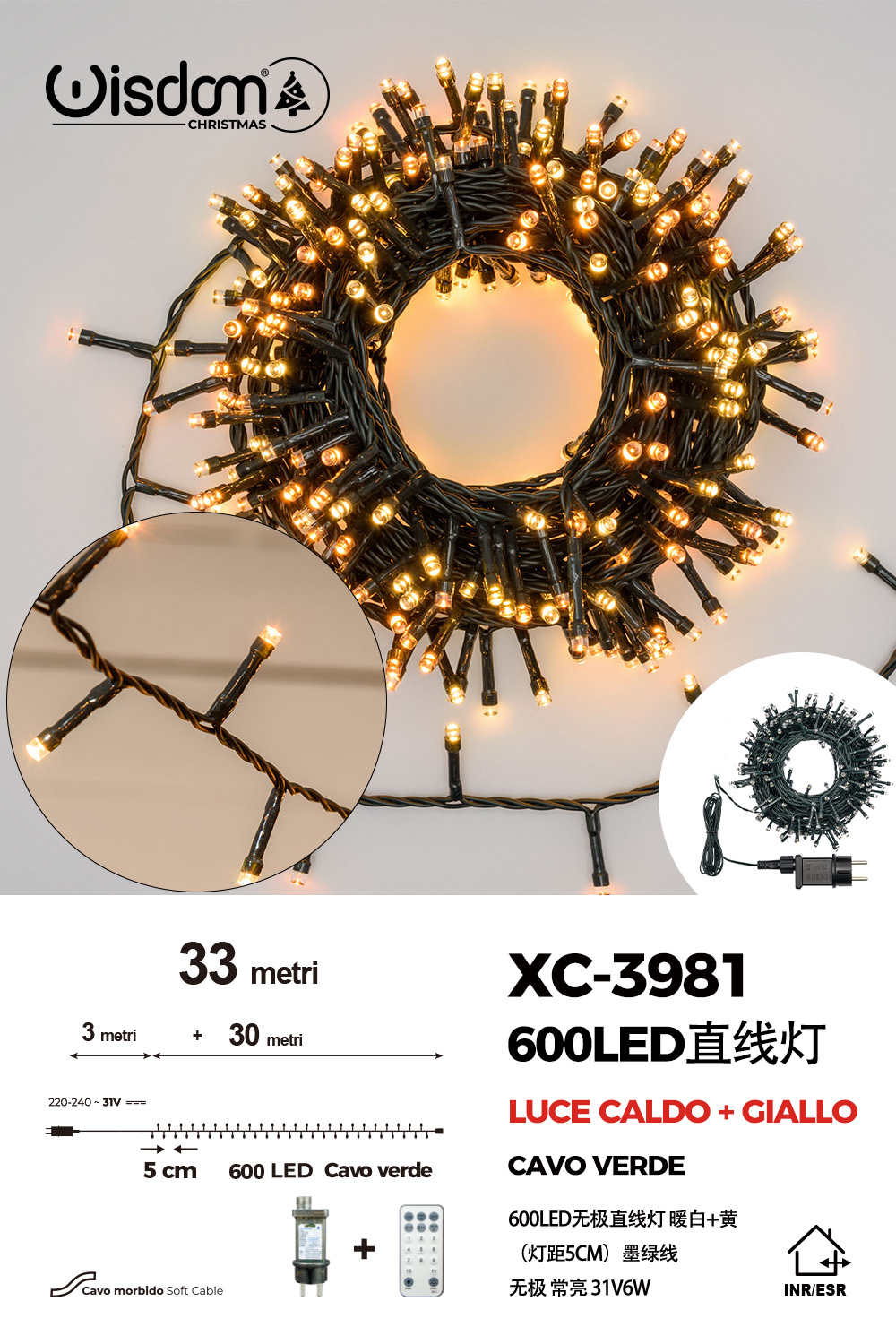 XC-3981 Catena luminosa da 33 metri con 600 LED luce calda per uso interno/esterno - immagine 1