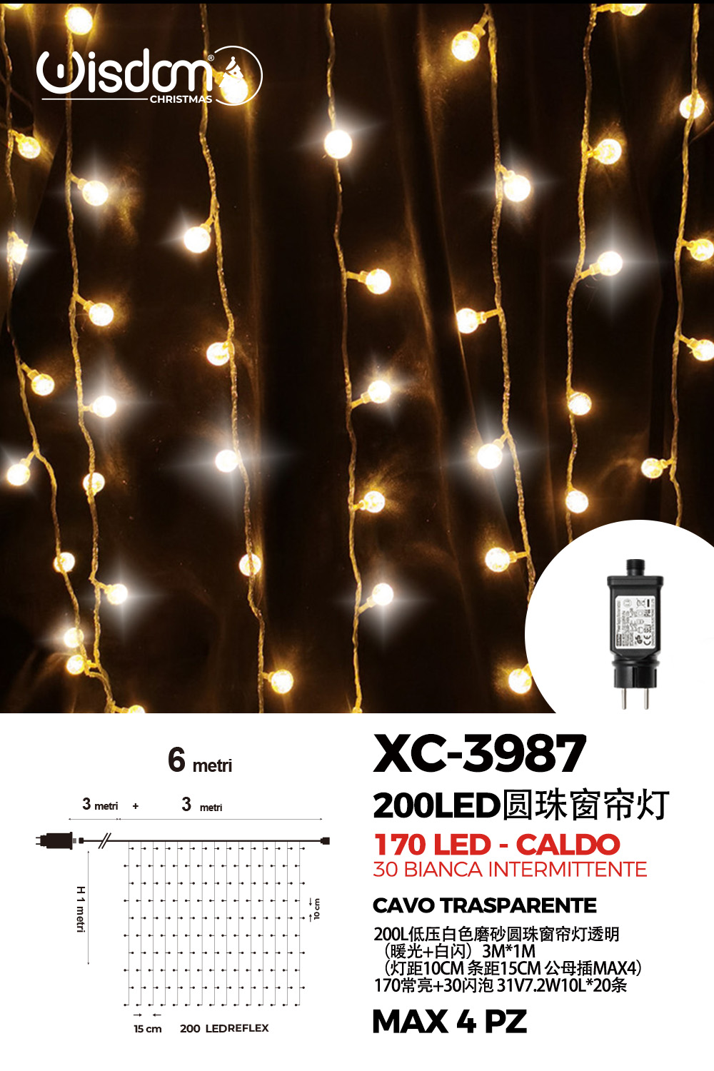 XC-3987 Tenda luminosa natalizia da 6 metri 200 LED luce calda fissa+intermittente alimentazione a corrente con 8 giochi luce indicato per uso interno/esterno - immagine 1