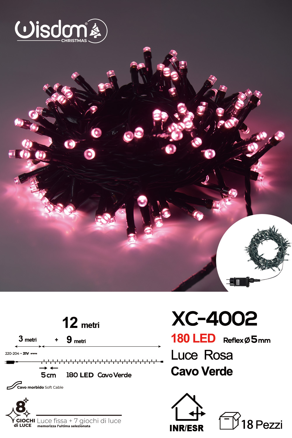 XC-4002 Catena luminosa 180 LED luce rosa da 12 metri con 8 giochi di luce ip44 per uso interno esterno - immagine 1