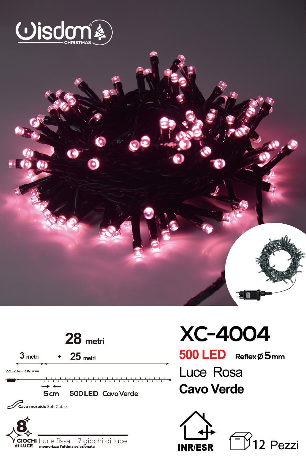 XC-4004 Catena luminosa 500 LED luce rosa da 28 metri con 8 giochi di luce ip44 per uso interno esterno - immagine 1
