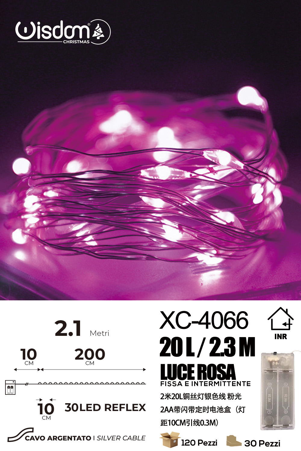 XC-4066 Catena luminosa 30 microLED REFLEX luce rosa fissa e intermittente da 2,3 metri alimentazione a pile per uso interno con funzione timer - immagine 1