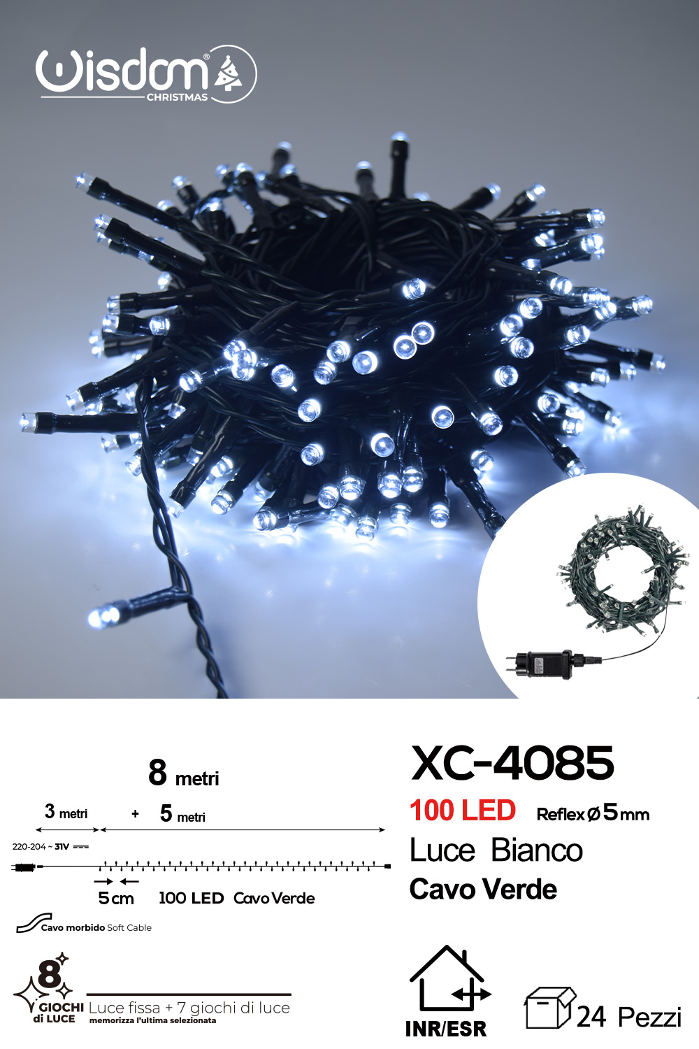 XC-4085 Catena luminosa 100 LED luce bianca da 8 metri con 8 giochi di luce ip44 per uso interno esterno - immagine 1