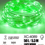 Catena luminosa 50 microLED REFLEX luce verde fissa e intermittente da 5,3 metri alimentazione a pile per uso interno con funzione timer on-off