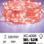 Catena luminosa 50 microLED REFLEX luce rossa fissa e intermittente da 5,3 metri alimentazione a pile per uso interno con funzione timer on-off