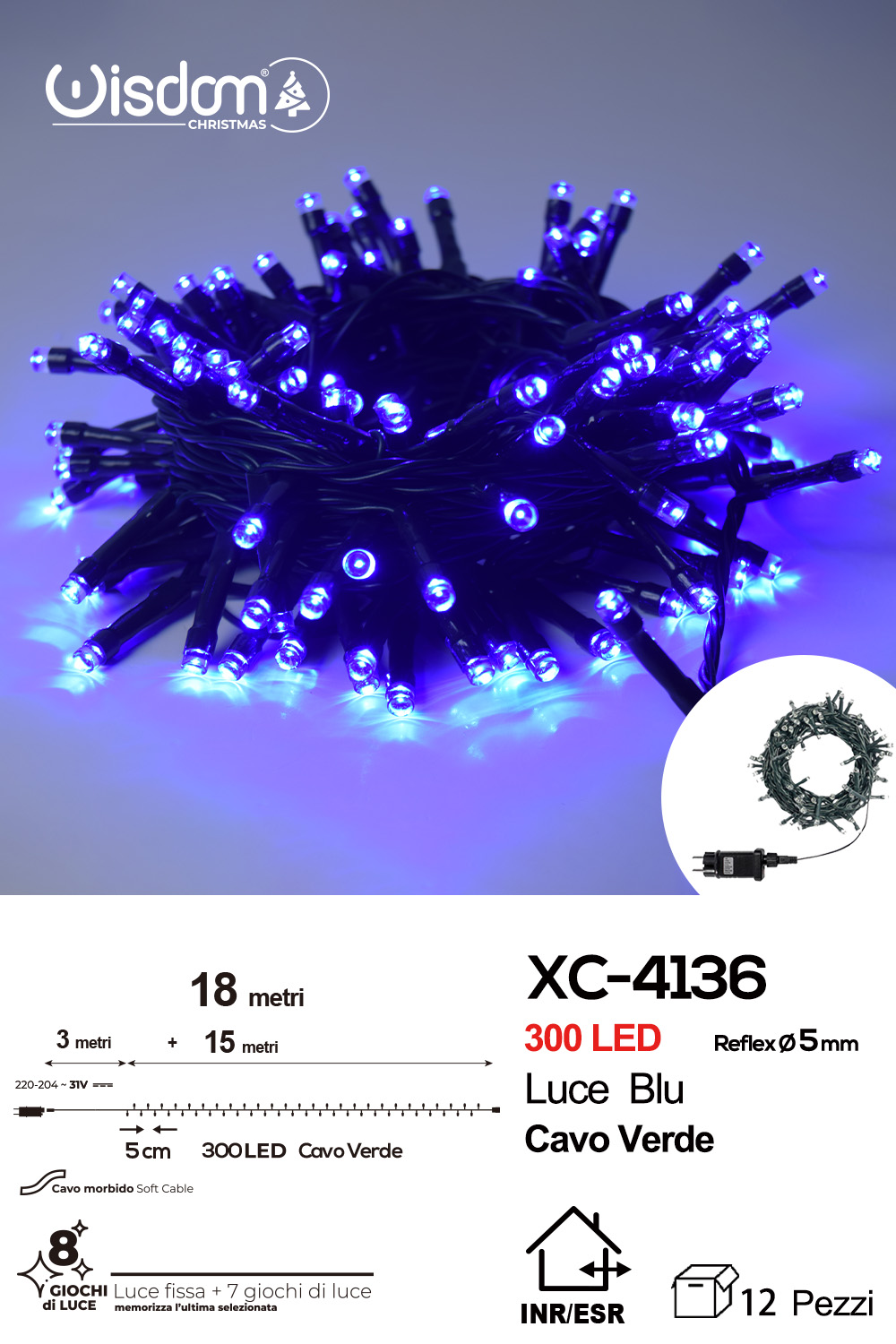 XC-4136 Catena luminosa 300 LED luce blu da 18 metri con 8 giochi di luce ip44 per uso interno esterno - immagine 1