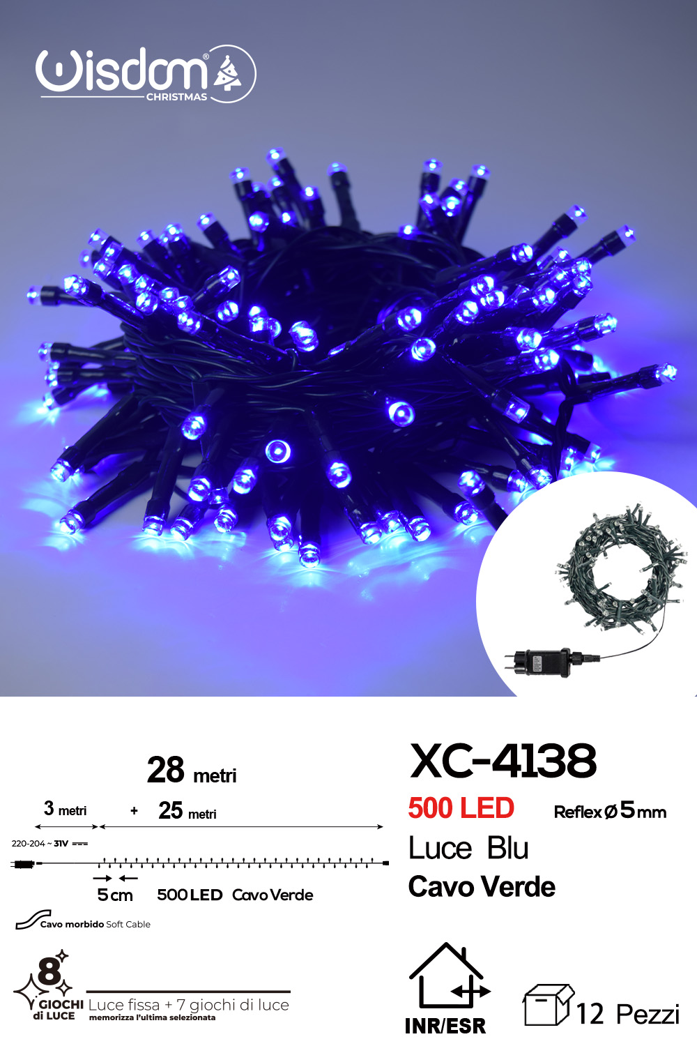 XC-4138 Catena luminosa 500 LED luce blu da 28 metri con 8 giochi di luce ip44 per uso interno esterno - immagine 1