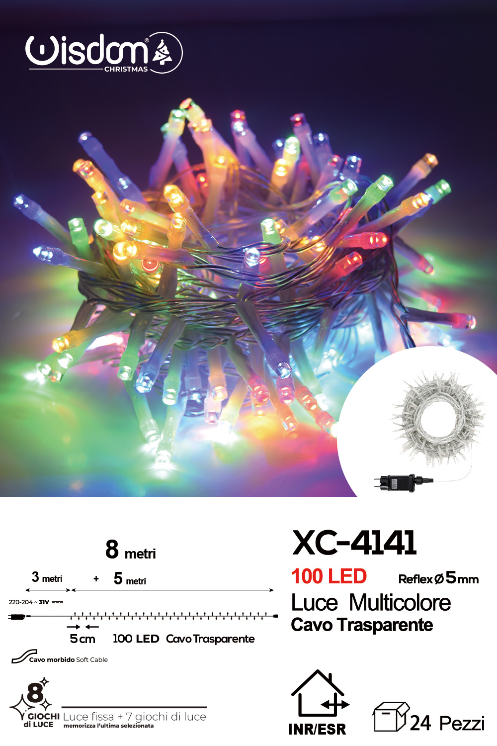 XC-4141 Catena luminosa professionale 100 LED luce multicolor da 8 metri ip44 per uso interno esterno con 8 giochi luce - immagine 1