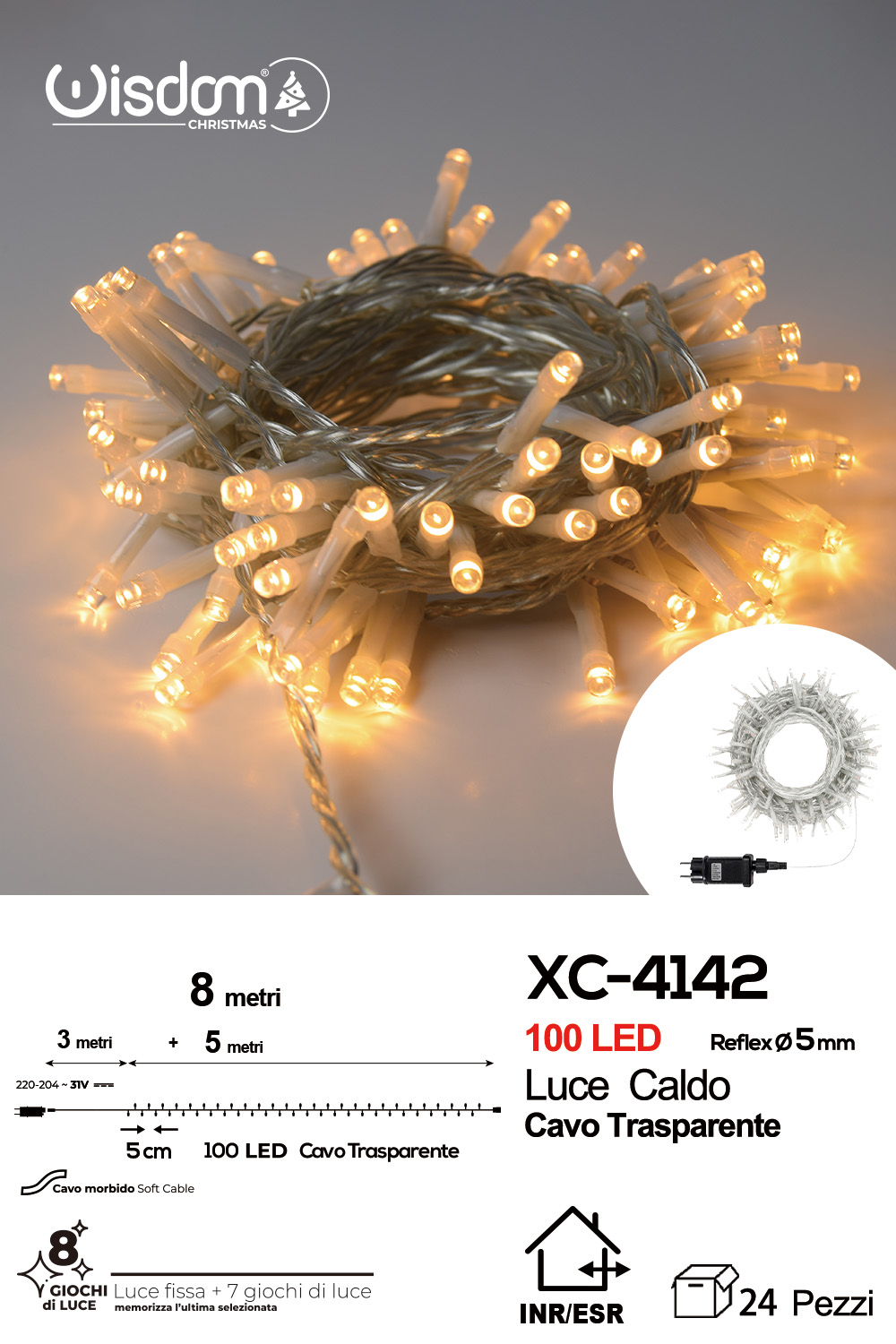 XC-4142 Catena luminosa professionale 100 LED luce calda da 8 metri ip44 per uso interno esterno con 8 giochi luce - immagine 1