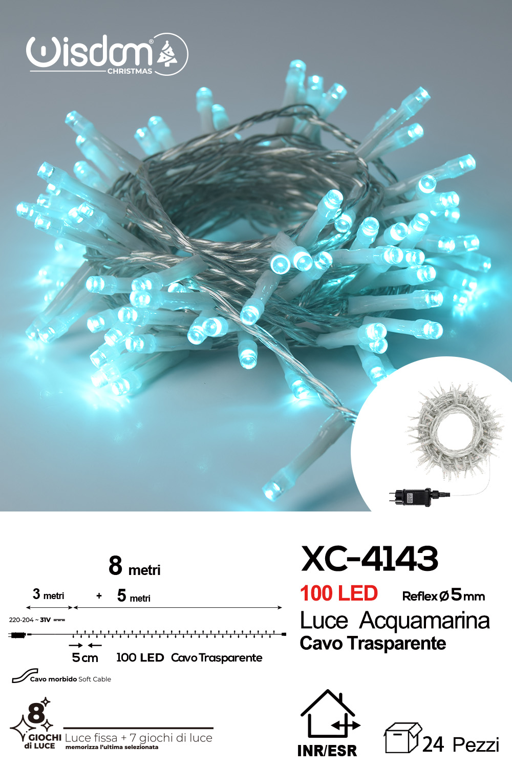 XC-4143 Catena luminosa professionale 100 LED luce acquamarina da 8 metri ip44 per uso interno esterno con 8 giochi luce - immagine 1