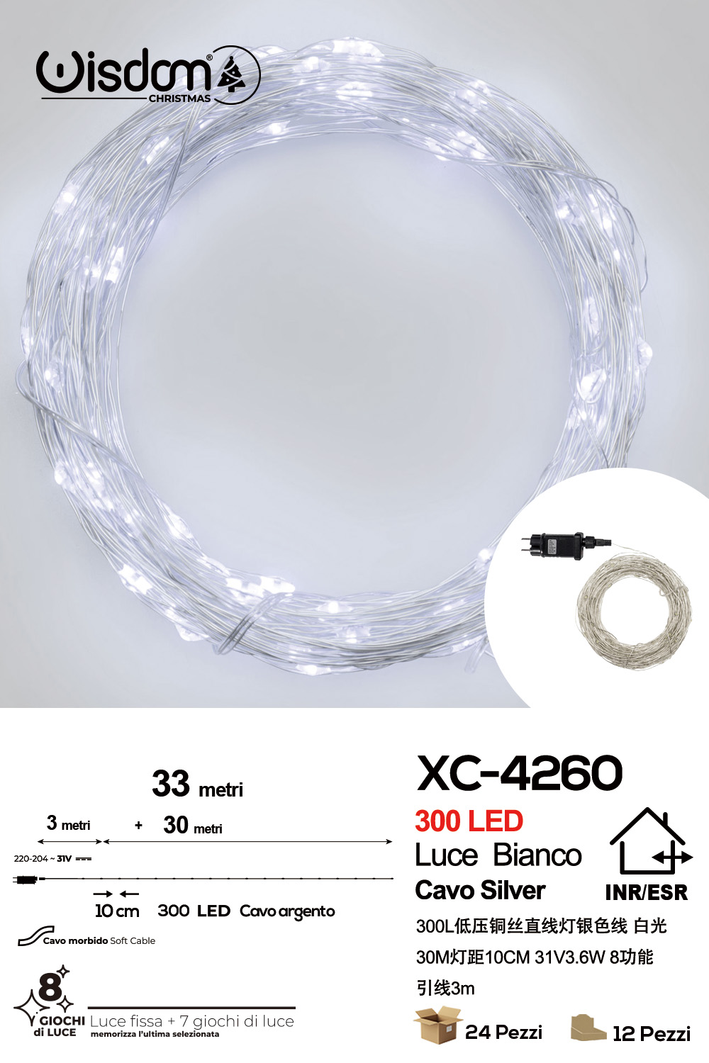 XC-4260 Catena luminosa 300 micro LED luce fredda da 33 metri con 8 giochi luce per uso interno/esterno e funzione timer on/off - immagine 1