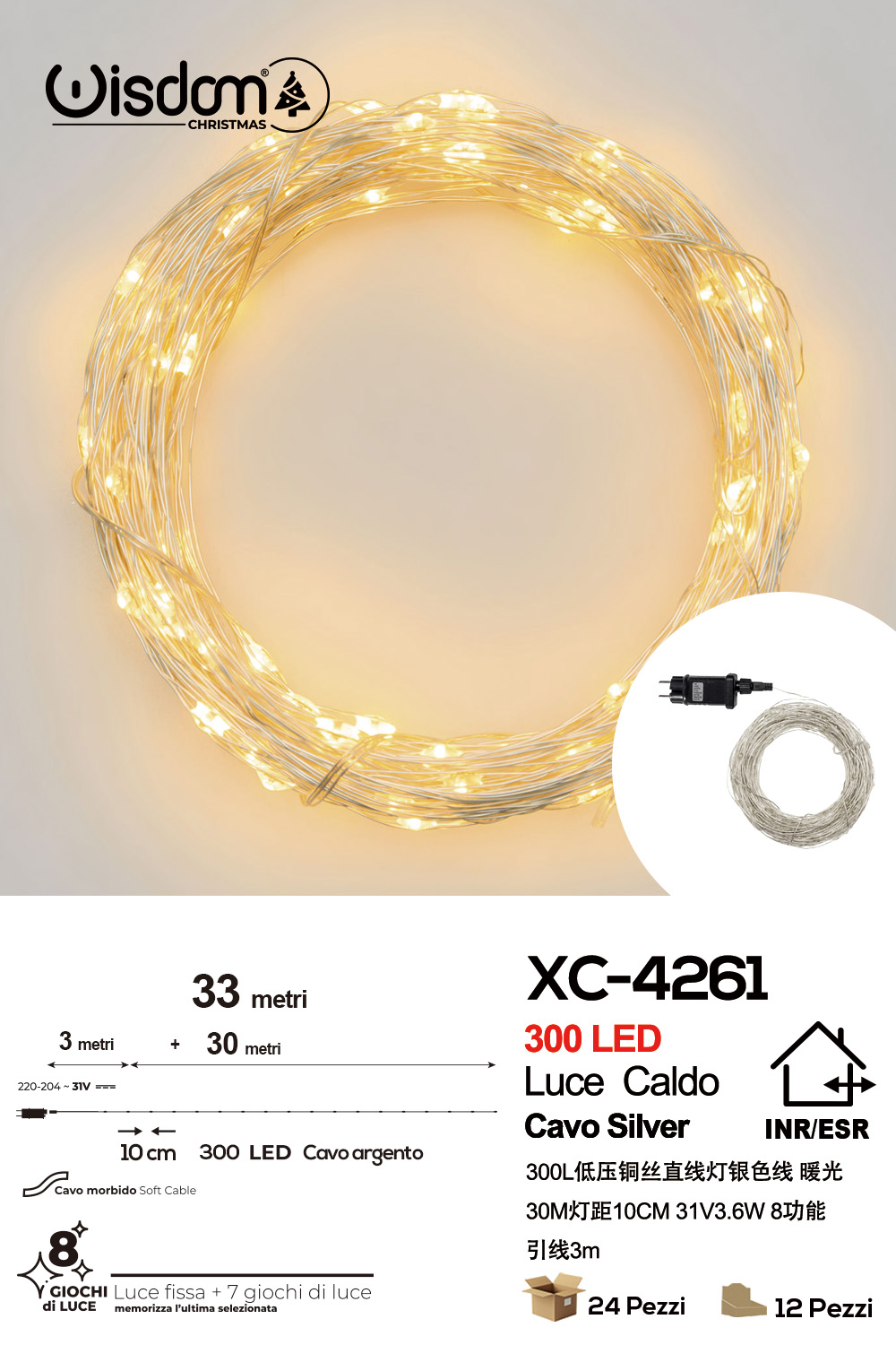 XC-4261 Catena luminosa 300 micro LED luce calda da 33 metri con 8 giochi luce per uso interno/esterno e funzione timer on/off - immagine 1