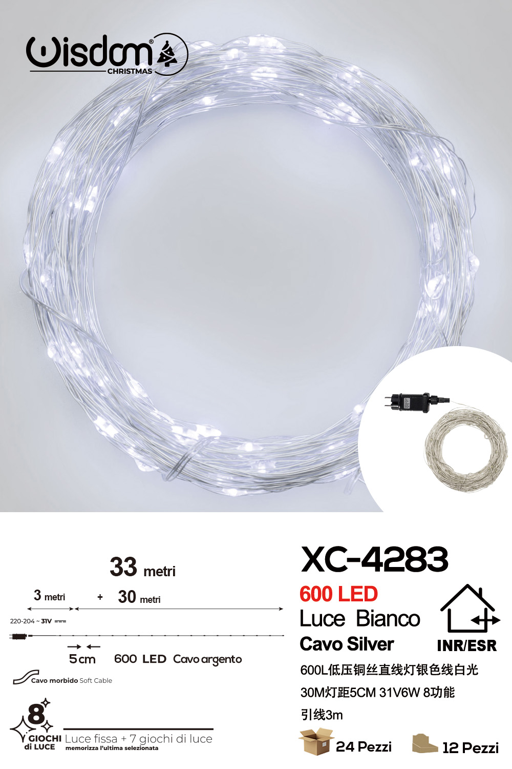 XC-4283 Catena micro LED luminosa natalizia da 33 metri da 600 LED luce fredda con 8 giochi luce per uso interno/esterno - immagine 1