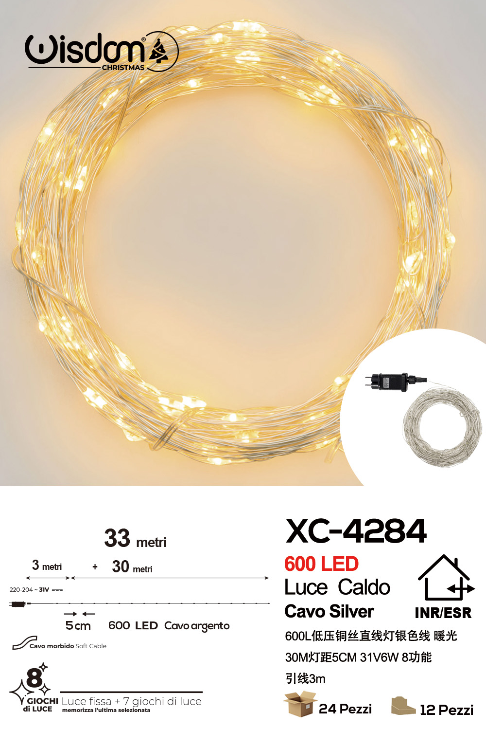 XC-4284 Catena micro LED luminosa natalizia da 33 metri da 600 LED luce calda con 8 giochi luce per uso interno/esterno - immagine 1