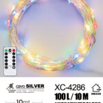 Catena luminosa con telecomando da 100 microLED luce multicolor 10 metri alimentazione a pile ip44 per uso interno esterno con 8 giochi luce
