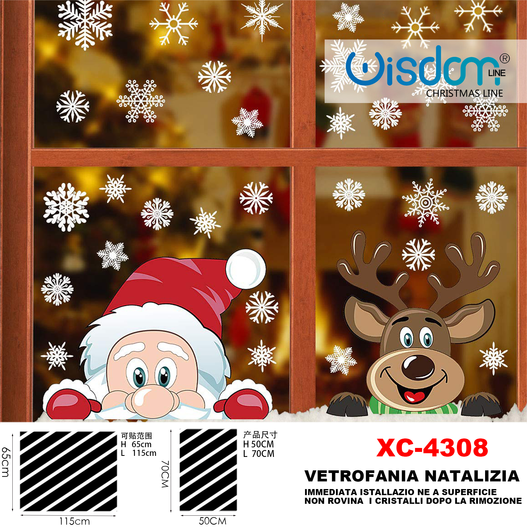 XC-4308 Adesivi natalizi con sfondo Babbo Natale e renna in pvc per finestre e decorazioni dimensioni 50x70cm - immagine 1