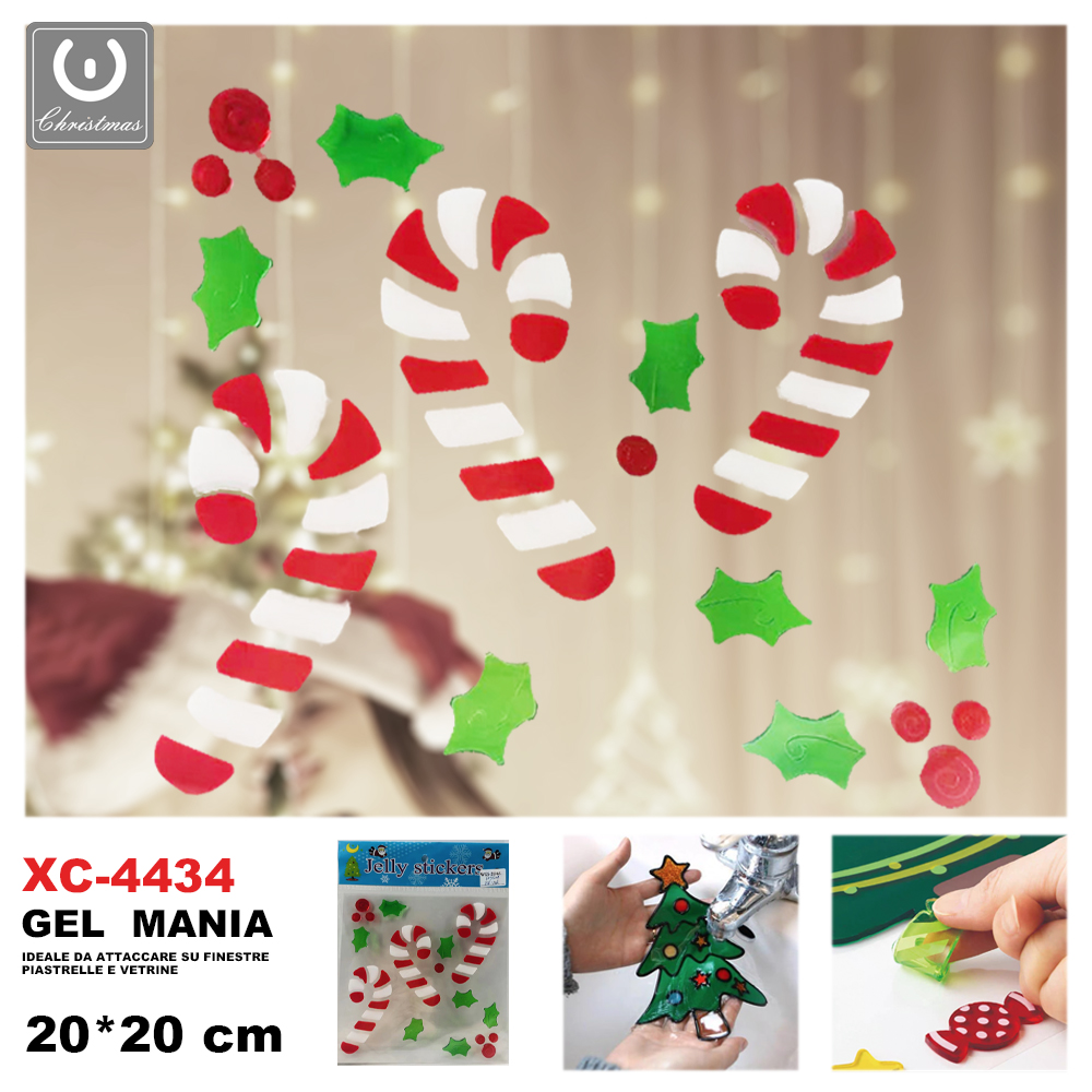 XC-4434 Adesivi Natalizi in gel a tema bastoncini di zucchero dimensione 20x20cm ideale da attaccare su finestre e vetrine - immagine 1