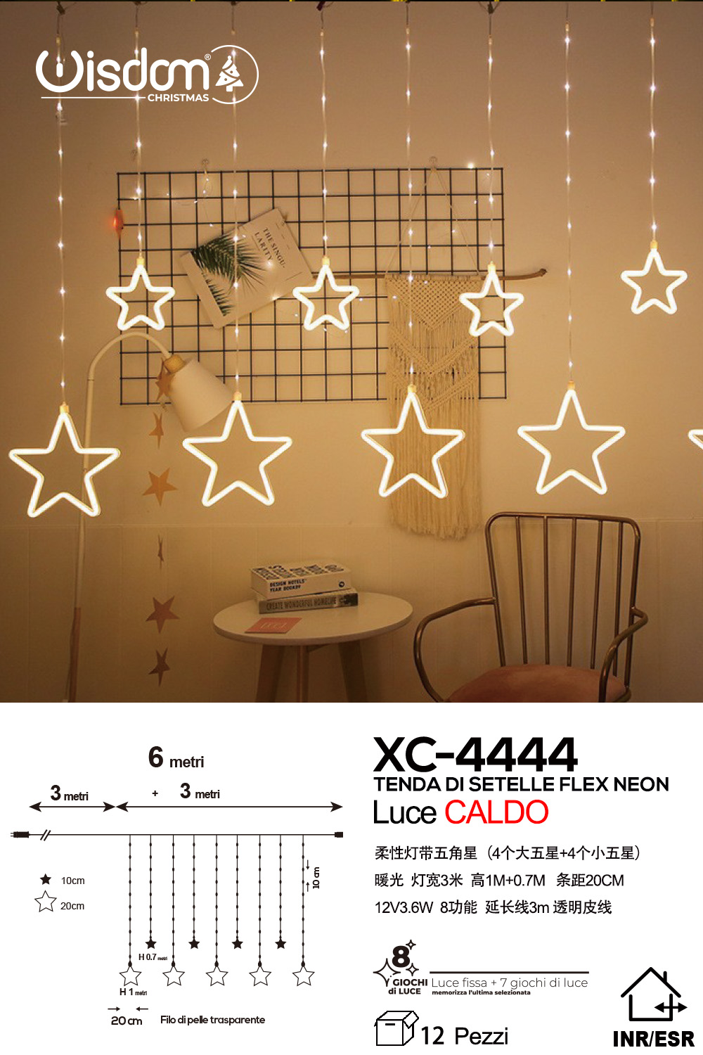 XC-4444 Tenda luminosa da 6 metri a forma di stelle natalizie con 8 LED luce calda alimentazione a corrente per uso interno/esterno con 8 giochi luce - immagine 1