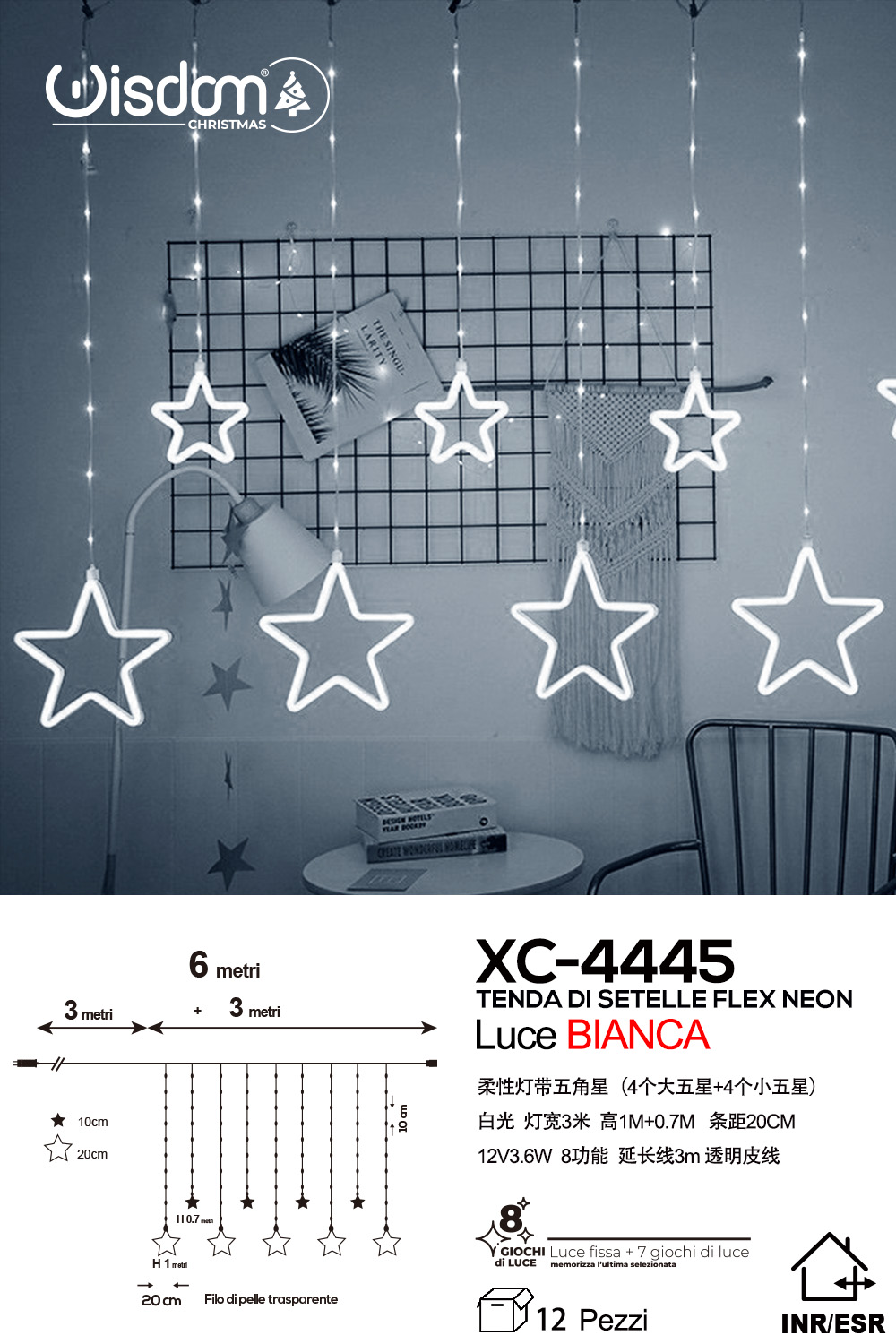 XC-4445 Tenda luminosa da 6 metri a forma di stelle natalizie con 8 LED luce fredda alimentazione a corrente per uso interno/esterno con 8 giochi luce - immagine 1