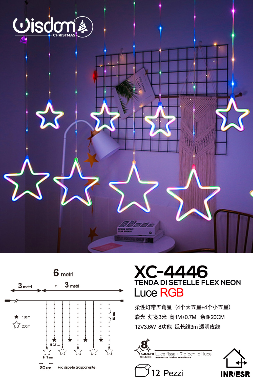 XC-4446 Tenda luminosa da 6 metri a forma di stelle natalizie con 8 LED luce RGB alimentazione a corrente per uso interno/esterno con 8 giochi luce - immagine 1