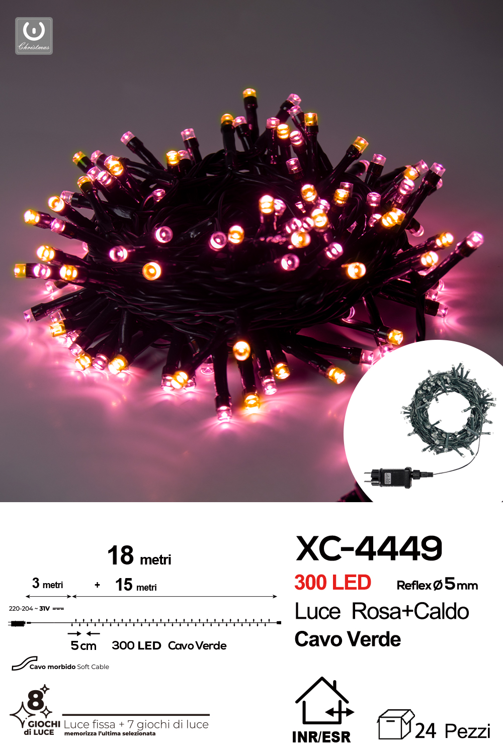XC-4449 Catena luminosa 300 LED luce rosa+calda da 18 metri con 8 giochi di luce ip44 per uso interno esterno - immagine 1