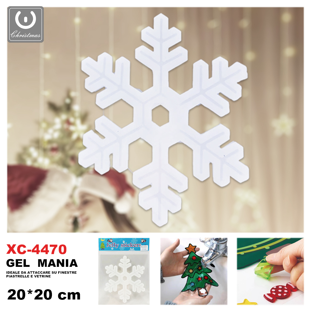 XC-4470 Adesivo Natalizo in gel a tema fiocco di neve dimensione 20x20cm ideale da attaccare su finestre e vetrine - immagine 1