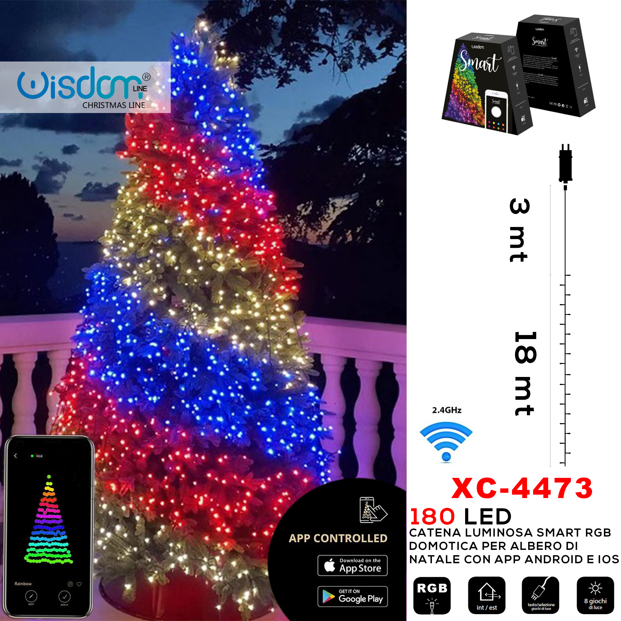 XC-4473 Catena luminosa smart 180 LED RGB con 8 giochi di luce controllo tramite app per uso interno esterno - immagine 1