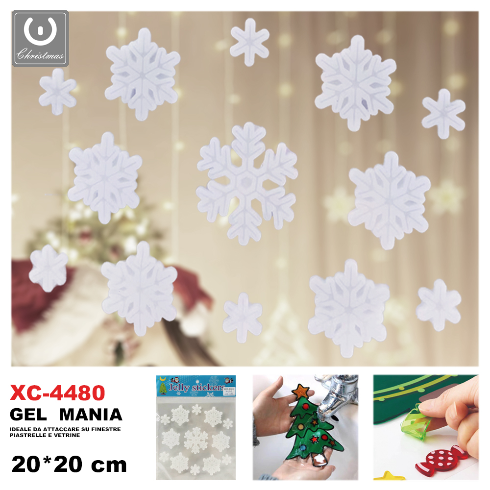 XC-4480 Adesivo Natalizo in gel a tema fiocchi di neve dimensione 20x20cm ideale da attaccare su finestre e vetrine - immagine 1