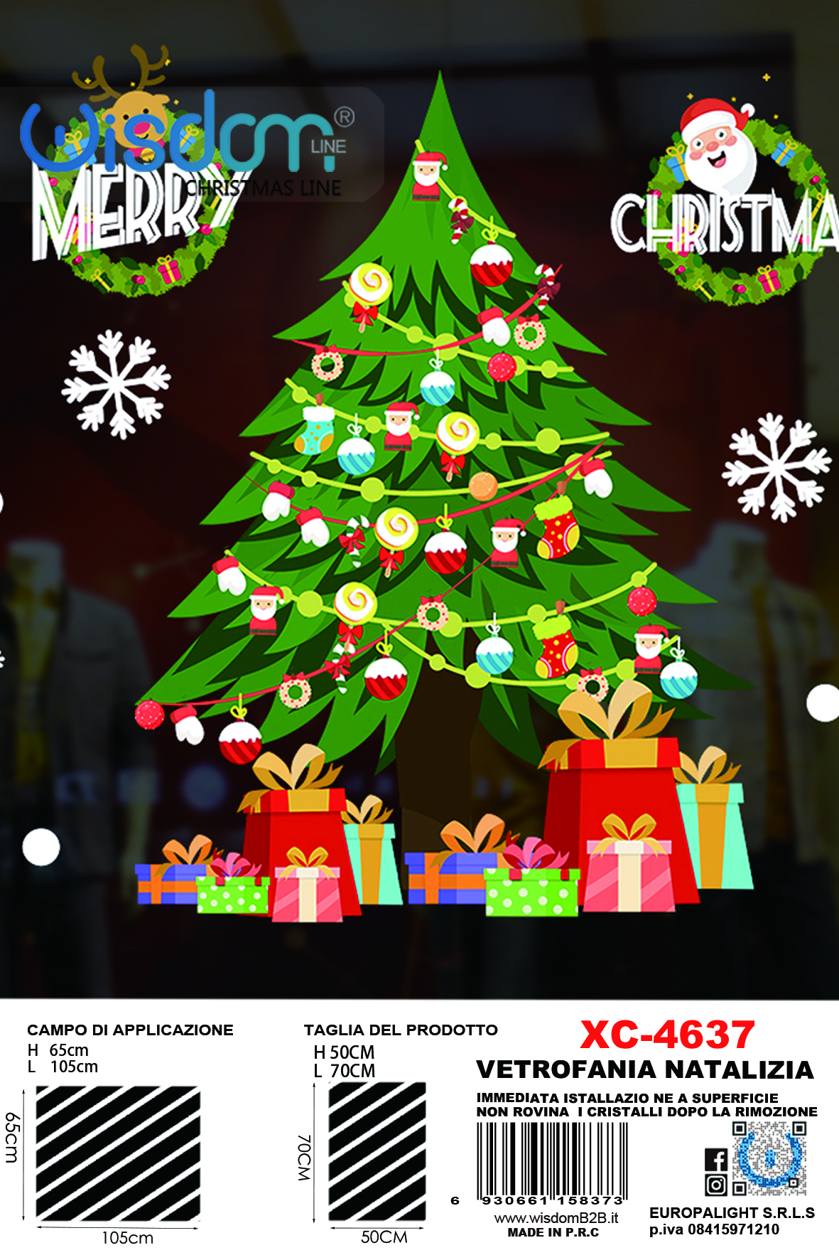 XC-4637 Adesivi natalizi con sfondo nero Albero Natale e regali in pvc per finestre e decorazioni dimensioni 50x70cm - immagine 1
